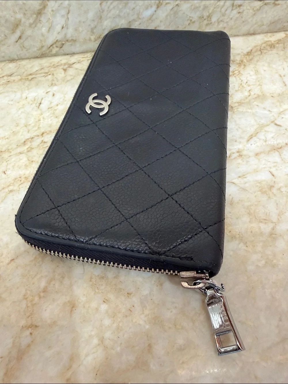 CHANEL Black Quilted Zip Wallet with Silver CC Hardware